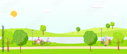 spring landscape background, a senior couple sitting on the bench, vector illustration
