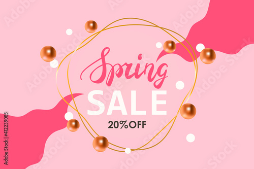 Abstract design of spring sale banner. Vector illustration. Horizontal template for web banner, poster, flyer, card, landing page. EPS 10. Pink cute background. Gold frame. Lettering. 20 percent off.
