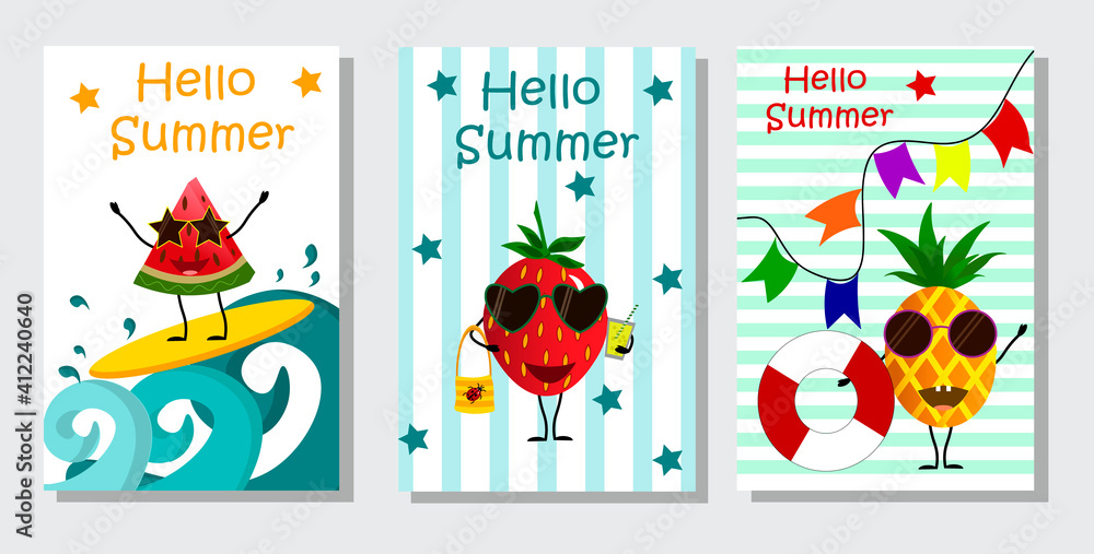 Summer fruits on a colored background with text. Fruits on vacation in summer - watermelon, pineapple, strawberry. Set of vector illustration templates for design of cards, invitations, gifts.