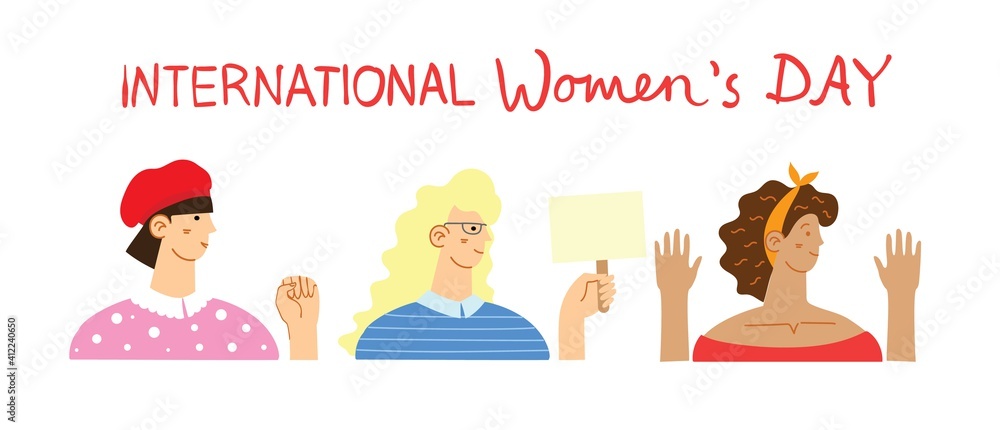 Diverse international and interracial group of standing women. For girls power concept, feminine and feminism ideas. Vector illustration.