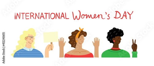 Diverse international and interracial group of standing women. For girls power concept, feminine and feminism ideas. Vector illustration.
