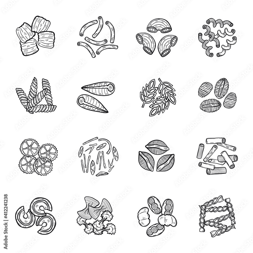 Hand drawn set with different types of pasta. Vector food illustration. 