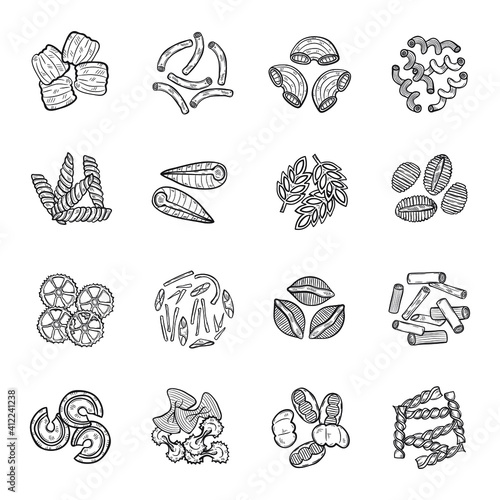 Hand drawn set with different types of pasta. Vector food illustration. 