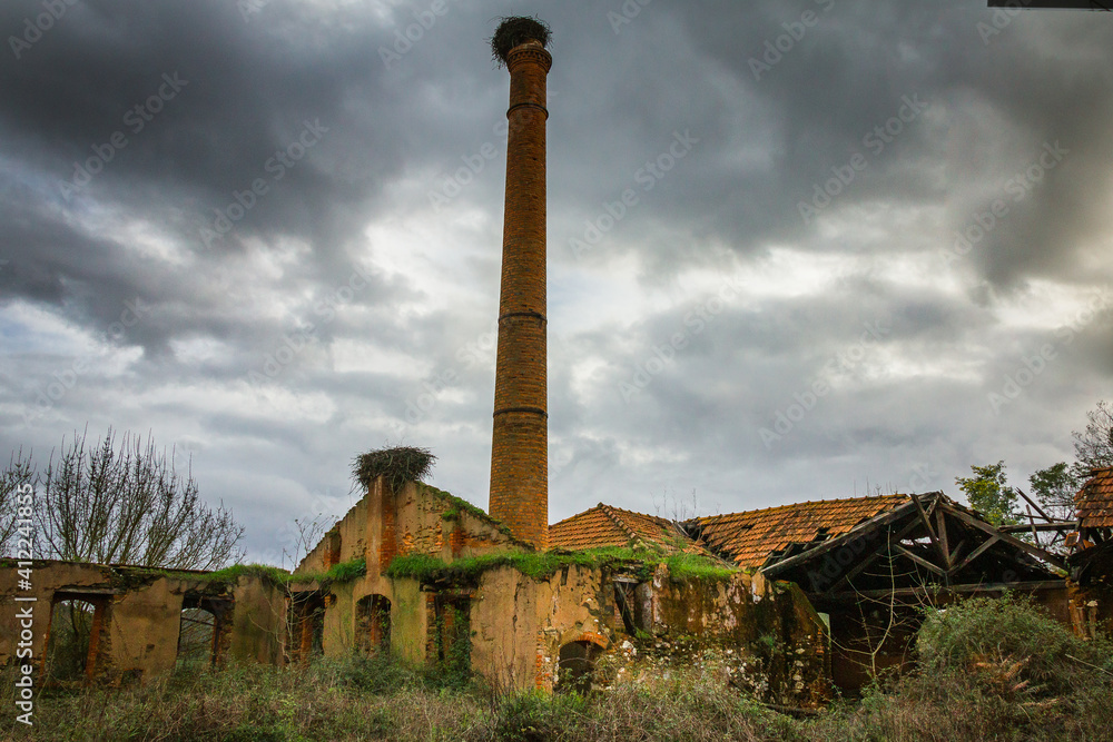 Old abandoned brick factory with storck nest