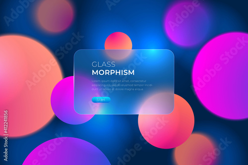 Vector image in the style of glass morphism. Translucent card with button on a bright background. Frosted transparent glass and colored colorful circles. Place for your text.