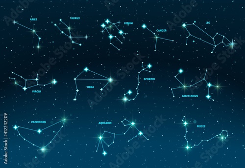 Zodiac constellations. Vector space and stars illustration.