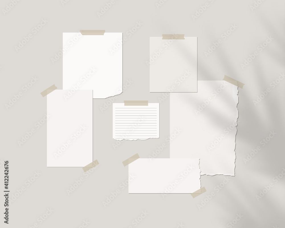 Mood board mockup template. Empty sheets of white paper on the wall with shadow overlay. Mockup vector isolated. Template design. Realistic vector illustration. Mood board mockup template. Empty sheets of white paper on the wall with shadow overlay. Mockup vector isolated. Template design. Realistic vector illustration.