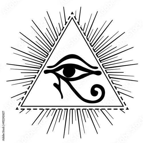 Wadjet in pyramid, ancient Egyptian symbol of protection, royal power, good health. Eye of Horus. All seeing eye sign. Alchemy, religion, spirituality, occultism, tattoo. Isolated vector illustration.