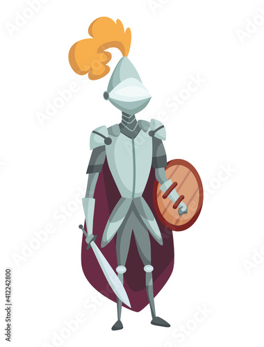 Medieval kingdom character of middle ages historic period vector Illustration. Medieval knight in full armor flat illustration