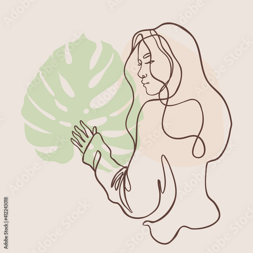 Abstract portrait of young pretty woman. Continuous one line drawing isolated...