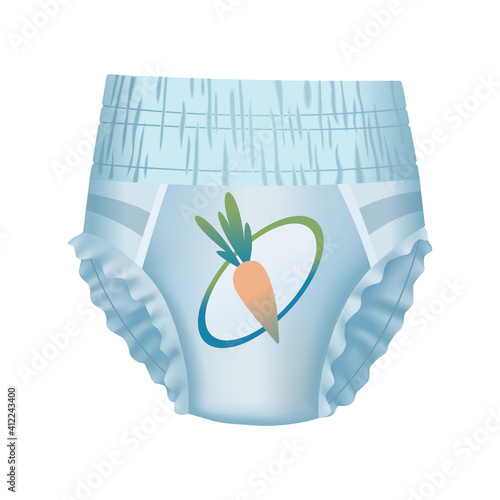 Baby absorbent diaper, isolated on white background. Comfortable softly layered incontinence diapers for cleanliness new born childrens. Vector realistic template