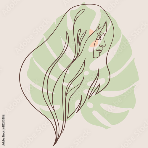Abstract portrait of young pretty woman. Continuous one line drawing isolated...