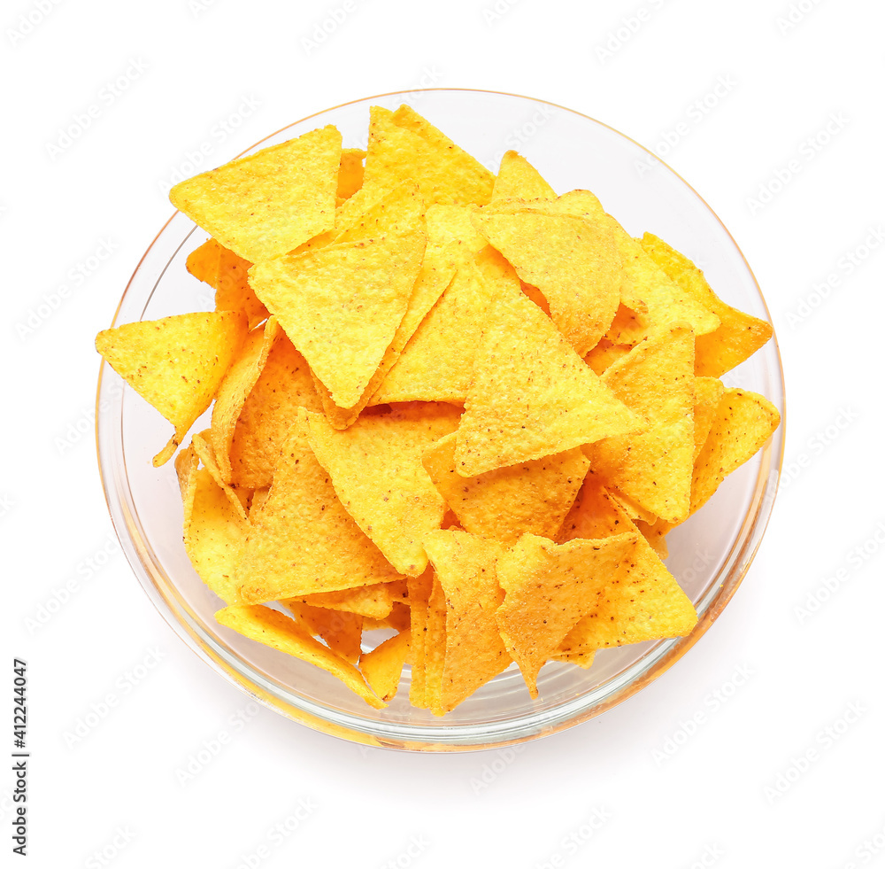 Plate with tasty nachos on white background Plate with tasty nachos on white background