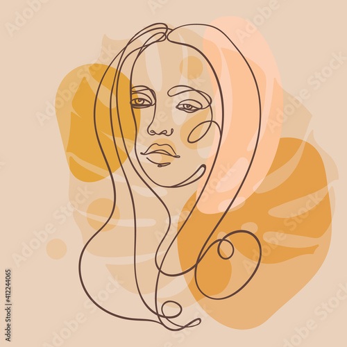 Abstract portrait of young pretty woman. Continuous one line drawing isolated...