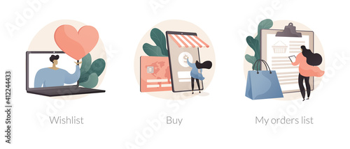 Online retailer abstract concept vector illustration set. Online shopping wishlist, buy product in stock, retail store, my orders list, shopping cart, user account, ecommerce abstract metaphor.