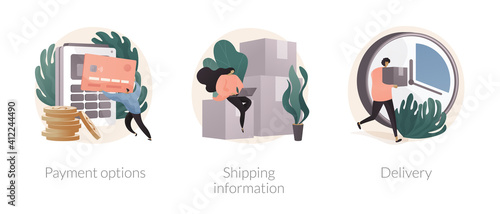 Online shopping website abstract concept vector illustration set. Payment options, shipping information, delivery service, shopping cart, credit card, order processing, express mail abstract metaphor.