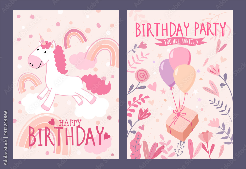 Set of Happy birthday card and party invitation with cute magical unicorn, rainbow and gift box