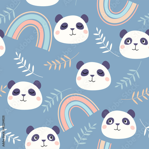 Seamless pattern with cute panda bear face and scandinavian style rainbow