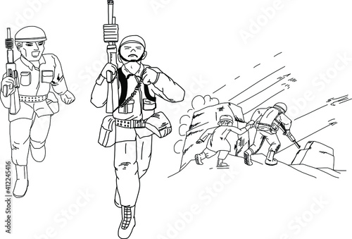 Hand drawn , Army Soldier with assault rifle isolated on white.save the child.illustration of war.
