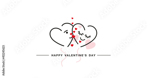 Happy Valentines Day handwritten line art design love faces many kisses red pink hearts white isolated background