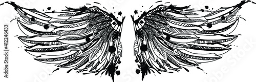 Hand drawn wing set.Sticker wing tattoo.Doodle and sketch style wing of bird tattoo.