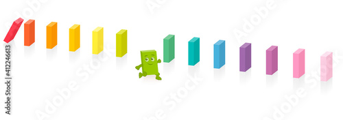 Dominoes, interrupted chain reaction because of an outsider who is running away, rebelling, protesting, getting out of the system, breaking the chain, stopping, disconnecting, blocking.
