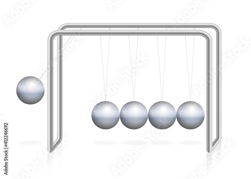 Newtons cradle pendulum with iron ball in motion, momentum, energy. Physical experiment. Isolated vector illustration on white background.
