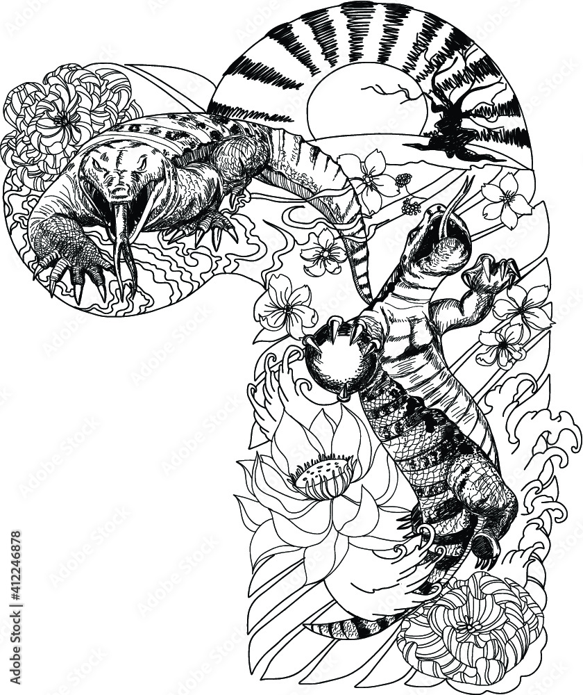 Fototapeta premium hand drawn and doodle art water monitor, japanese tattoo style