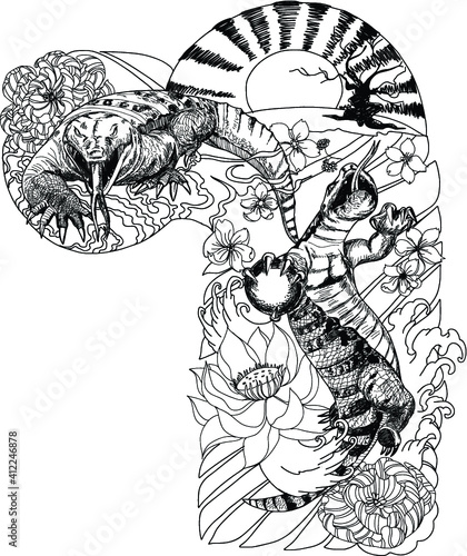 hand drawn and doodle art water monitor,  japanese tattoo style