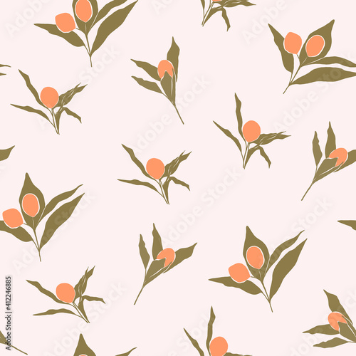 Seamless pattern with green leaves and orange berries