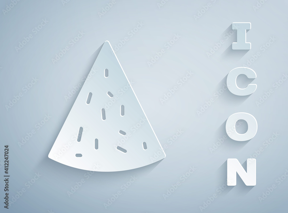 Paper cut Nachos icon isolated on grey background. Tortilla chips or nachos tortillas. Traditional mexican fast food. Paper art style. Vector. Paper cut Nachos icon isolated on grey background. Tortilla chips or nachos tortillas. Traditional mexican fast food. Paper art style. Vector.