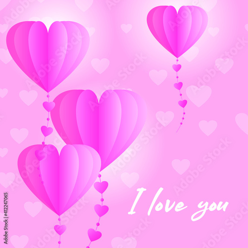 I love you. Pink stylized balloons in the form of hearts on a pink background. Vector illustration