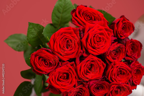 Red roses in a huge beautiful bouquet