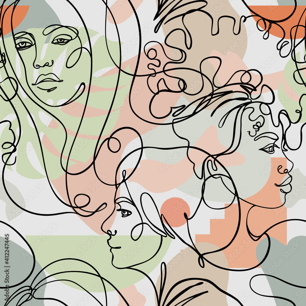 Abstract seamless pattern in modern simple style. Female faces. One line drawing. Design for wrapping paper, wallpaper, fabrics and fashion clothes. Abstract seamless pattern in modern simple style. Female faces. One line drawing. Design for wrapping paper, wallpaper, fabrics and fashion clothes.