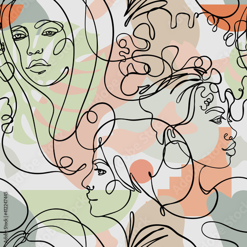 Abstract seamless pattern in modern simple style. Female faces. One line drawing. Design for wrapping paper, wallpaper, fabrics and fashion clothes.