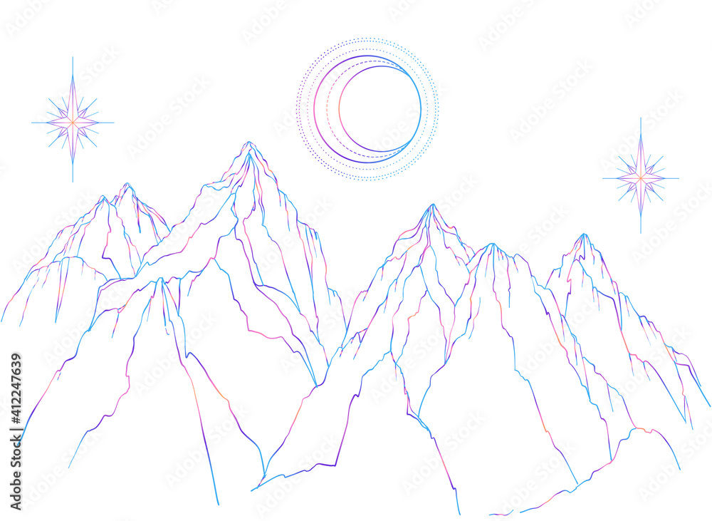 Mountain landscape scene. Vector illustration isolated. Outdoors nature and sacred geometry crescent moon and stars. Adventure artwork for travel and wanderlust tattoo. Gradient outlines over white. Mountain landscape scene. Vector illustration isolated. Outdoors nature and sacred geometry crescent moon and stars. Adventure artwork for travel and wanderlust tattoo. Gradient outlines over white.