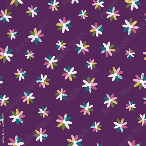 Purple Tossed Textured Flower Seamless Pattern