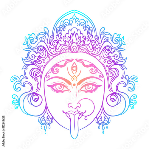 Portrait of Indian Hindi goddess Kali. Female blue head with open moth and out stuck tongue. Destroyer of evil forces. Diety, spiritual art. Occultism and witchcraft. Vector isolated illustration.