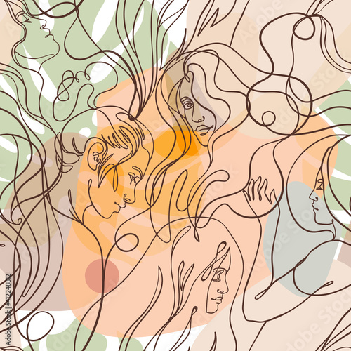 Abstract seamless pattern in modern simple style. Female faces. One line draw...
