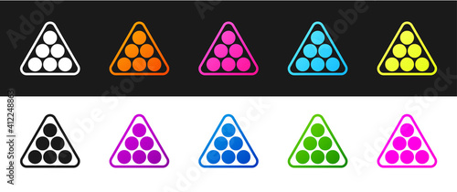 Set Billiard balls in a rack triangle icon isolated on black and white background. Vector.