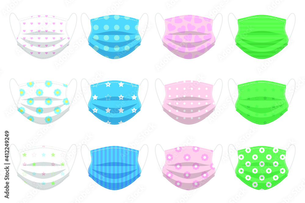 Medical masks in white, blue, pink and green colors with patterns of stars, flowers, hearts, stripes and circles. Set of vector illustrations
