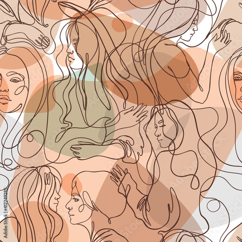 Abstract seamless pattern in modern simple style. Female faces. One line draw...