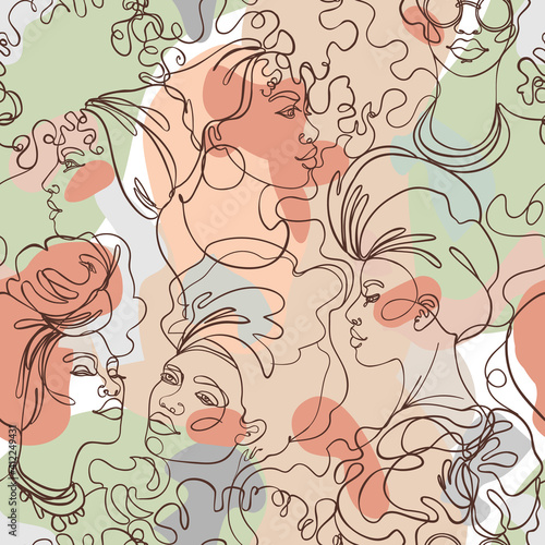 Abstract seamless pattern in modern simple style. Female faces. One line draw...