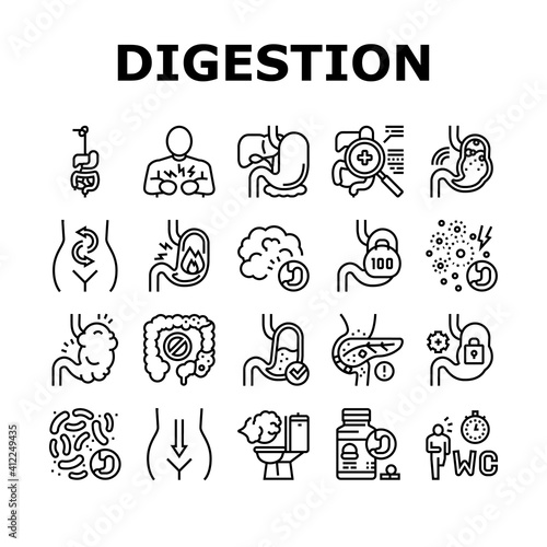 Digestion Disease And Treatment Icons Set Vector. Digestion System And Gastrointestinal Tract, Examining And Consultation, Heartburn And Gassing Black Contour Illustrations