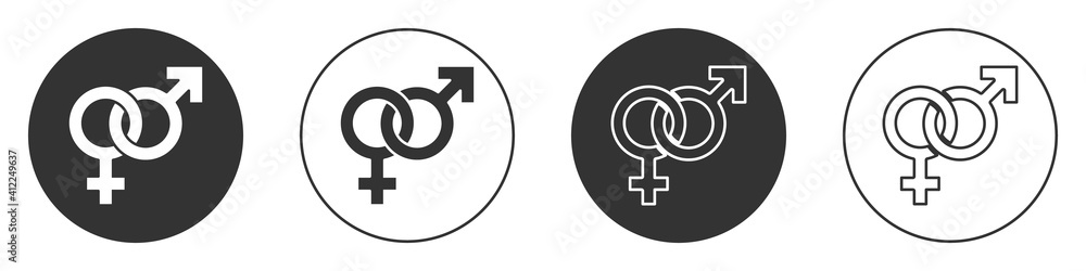Black Gender icon isolated on white background. Symbols of men and women. Sex symbol. Circle button. Vector. Black Gender icon isolated on white background. Symbols of men and women. Sex symbol. Circle button. Vector.