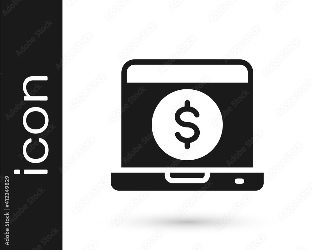Black Laptop with dollar icon isolated on white background. Sending money around the world, money transfer, online banking, financial transaction. Vector. Black Laptop with dollar icon isolated on white background. Sending money around the world, money transfer, online banking, financial transaction. Vector.
