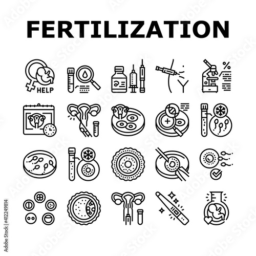 Fertilization Treat Collection Icons Set Vector. Fertilization Help And Consultation, Analysis And Medicaments, Ovulation And Freezing Sperm Black Contour Illustrations