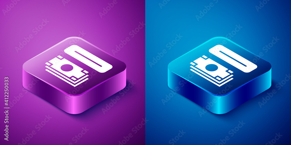 Isometric ATM - Automated teller machine and money icon isolated on blue and purple background. Square button. Vector. Isometric ATM - Automated teller machine and money icon isolated on blue and purple background. Square button. Vector.
