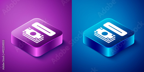 Isometric ATM - Automated teller machine and money icon isolated on blue and purple background. Square button. Vector.