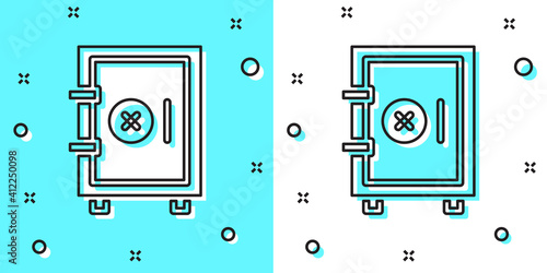 Black line Safe icon isolated on green and white background. The door safe a bank vault with a combination lock. Reliable Data Protection. Random dynamic shapes. Vector.